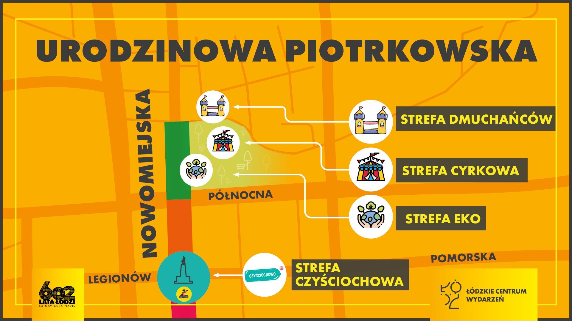 W Parku Staromiejskim Strefa Dmuchańców, Strefa Cyrkowa i Strefa Eko. Na placu Wolności Strefa Czyściochowa