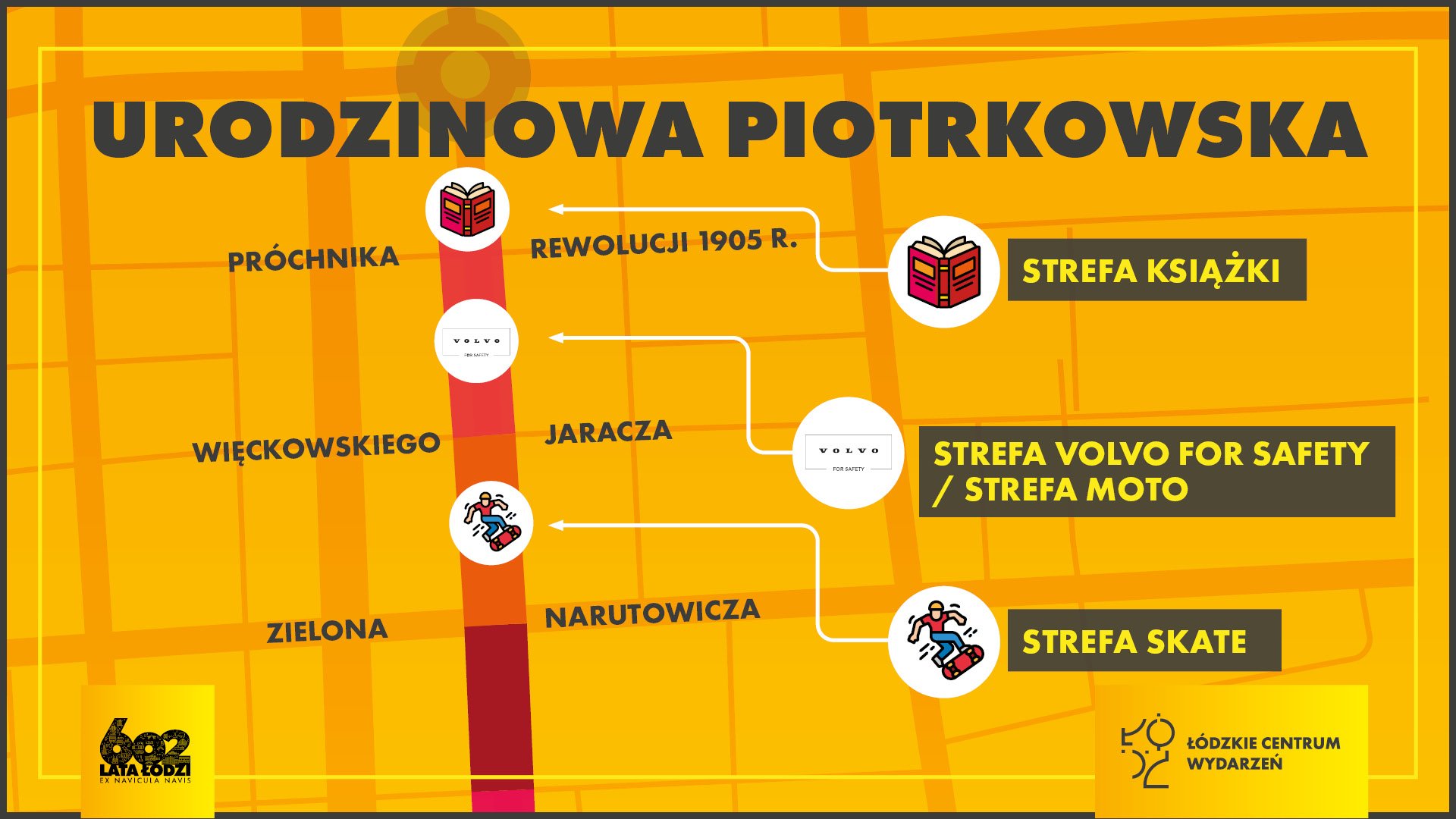 Urodziny Łodzi 2025 na Piotrkowskiej - okolice skrzyżowania z Rewolucji - strefa książki, przed Jaracza Strefa Moto, między Jaracza a Naturowicza strefa Skate