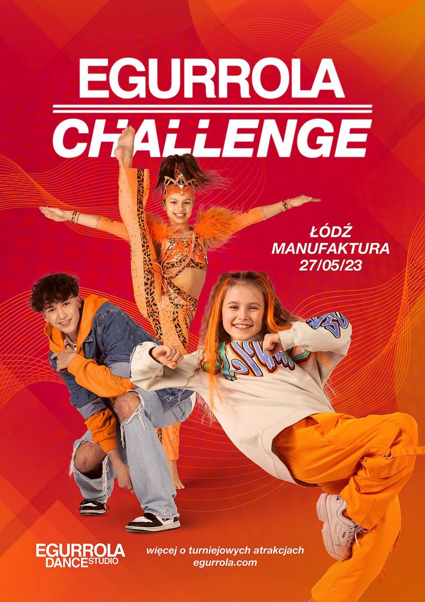Plakat: na pomarańczowym tle trójka dzieci, dwoje w strojach do hip hopu i jedna w bardziej ozdobnym. Wykonują figury taneczne.