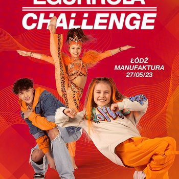 Plakat: na pomarańczowym tle trójka dzieci, dwoje w strojach do hip hopu i jedna w bardziej ozdobnym. Wykonują figury taneczne.