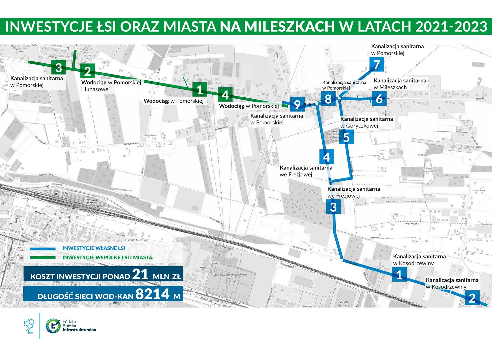 Inwestycje ŁSI oraz miasta na Mileszkach w latach 2021-2023 - mapa