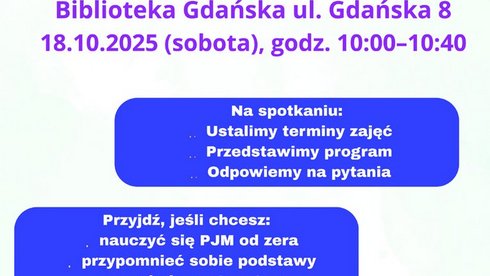 Plakat zapraszający na IV etap konkursu Polski Język Migowy od Podstaw. Kolorystyka plakatu to głównie fiolet, granat i róż, z elementami graficznymi o abstrakcyjnych kształtach. Spotkanie informacyjne odbędzie się 18 października 2025 r. (sobota) godz. 10:00 - 10:40