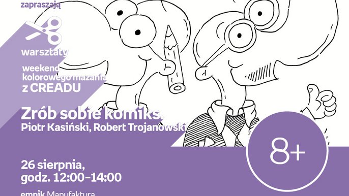 Grafika promująca wydarzenie: Weekend kolorowego mazania z Creadu - Zrób sobie komiks, Piotr Krasiński, Robert Trojanowski - bezpłatne warsztaty dla dzieci w Empiku w Manufakturze - mat. pras. Salon Empik Łódź Manufaktura