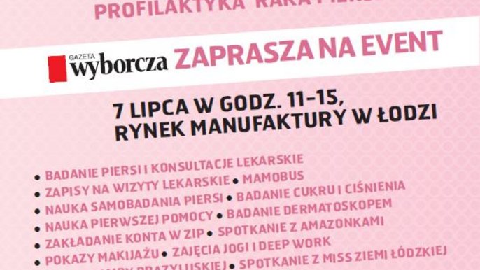 Grafika promująca wydarzenie: 3. edycja akcji pikniku prozdrowotnego "Łap za biust" - na rynku w Manufaktury - mat. pras. Manufaktura