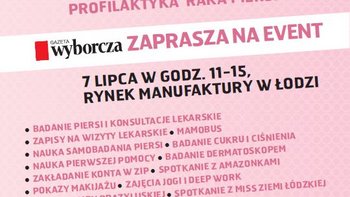 Grafika promująca wydarzenie: 3. edycja akcji pikniku prozdrowotnego "Łap za biust" - na rynku w Manufaktury -  mat. pras. Manufaktura