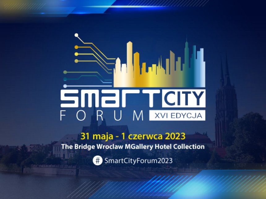 Smart city forum XVI edycja 31 maja - 1 czerwca. Grafika reklamowa w odcieniach granatu.