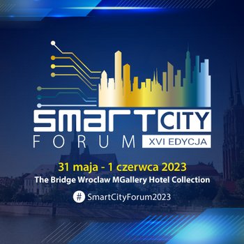 Smart city forum XVI edycja 31 maja - 1 czerwca. Grafika reklamowa w odcieniach granatu.