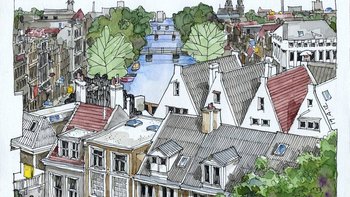 Grafika promująca wydarzenie: "Urban sketching - warsztaty piórko+akwarela dla archifanów" z Marią Nowakowską [Program 2018]. Grafika w wydarzeniu nosi tytuł "View from the Rooftops to the Keizersgracht channel, Amsterdam, The Netherlands", jej auto -  mat. pras. Łódzki Detal