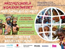 Białe i różowe napisy na tle kolażu zdjęć dzieci z różnych stron świata. 