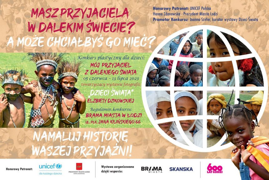 Białe i różowe napisy na tle kolażu zdjęć dzieci z różnych stron świata. 