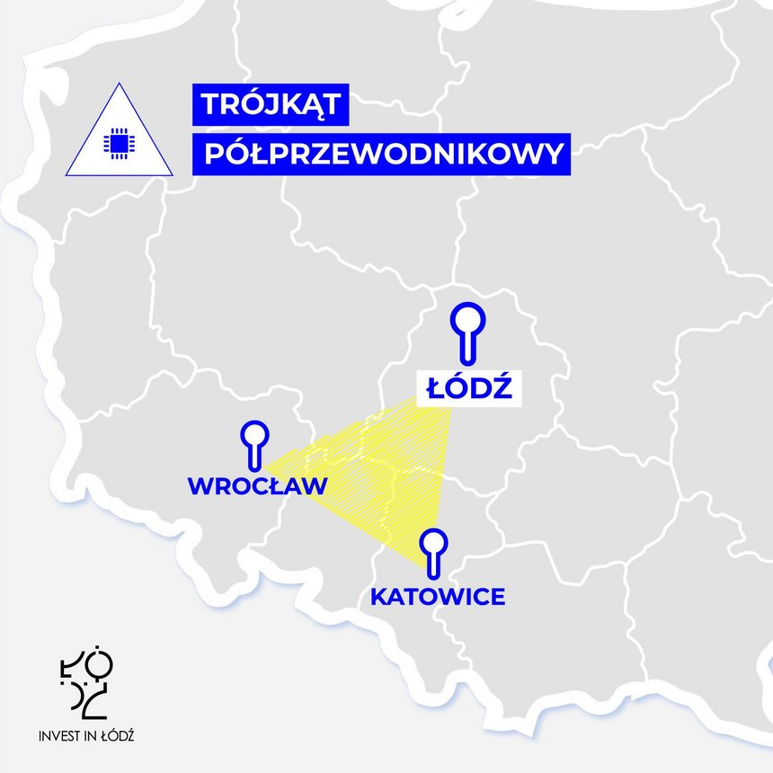Mapa przedstawiająca miasta należące do trójkąta półprzewodników: Łódź, Katowice, Wrocław