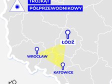 Mapa przedstawiająca miasta należące do trójkąta półprzewodników: Łódź, Katowice, Wrocław