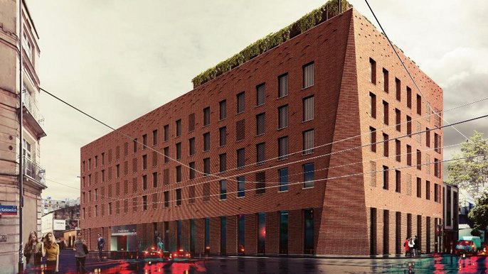 Wizualizacja parkingu wielopoziomowego z usługami. Jest to pierwsza nagroda w konkursie zorganizowanym przez Biuro Architekta Miasta - Maja Wrońska, Przemysław Sobecki