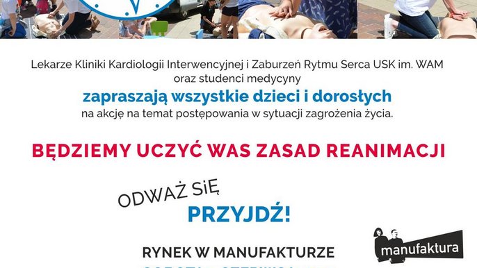 Grafika promująca wydarzenie: Otwarte szkolenie z pierwszej pomocy na rynku Włókniarek Łódzkich w Manufakturze. - fot. mat. pras.