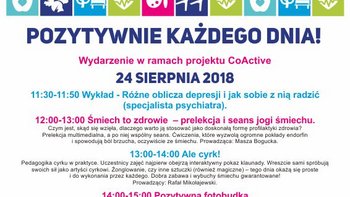 Grafika promująca wydarzenie: Pozytywnie każdego dnia - wydarzenie w ramach projektu CoActive w Akademickim Ośrodku Inicjatyw Artystycznych -  mat. pras. AOIA