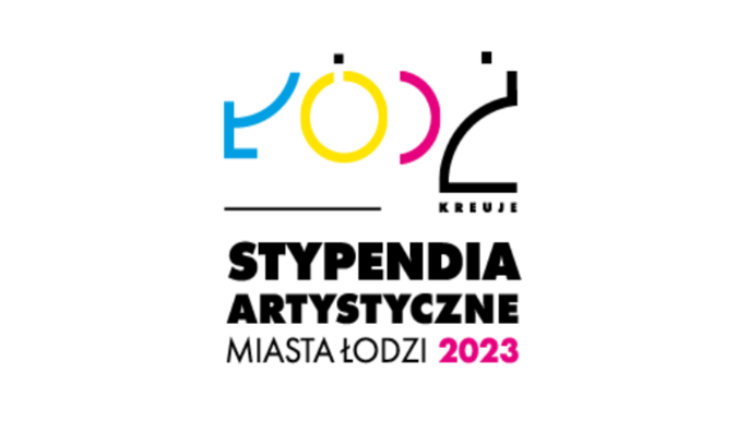  - Napis na białym tle rozpoczynający się kolorowym logotypem Łódź. Stypendia artystyczne Miasta Łodzi 2023