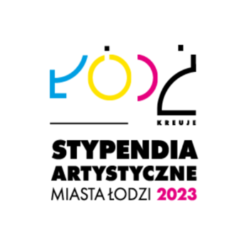 Napis na białym tle rozpoczynający się kolorowym logotypem Łódź. Stypendia artystyczne Miasta Łodzi 2023