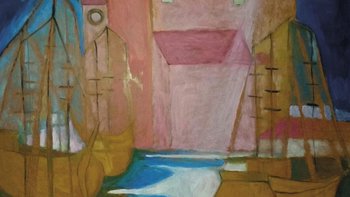 Ryszard Kosek, Pejzaż, 2018, 100×100 cm. Zdjęcie promujące wydarzenie: Sztuka zwana naiwną | prace ze zbiorów Macieja Balceraka - wystawa w Galerii Willa (Miejska Galeria Sztuki w Łodzi) -  mat. pras. MGSŁ