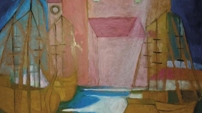 Ryszard Kosek, Pejzaż, 2018, 100×100 cm. Zdjęcie promujące wydarzenie: Sztuka zwana naiwną | prace ze zbiorów Macieja Balceraka - wystawa w Galerii Willa (Miejska Galeria Sztuki w Łodzi) - mat. pras. MGSŁ