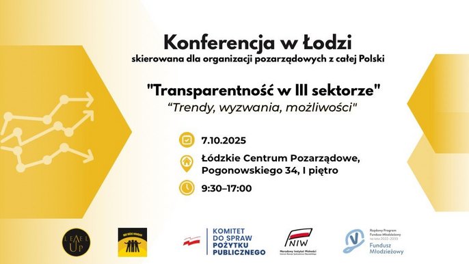  - Obrazek przedstawia zaproszenie na wydarzenie dla organizacji pozarządowych, jakim będzie konferencja poświęcona transparentności jako narzędziu budowania zaufania. Zdjęcie w jasnych kolorach. Napis w centrum zdjęcia: Termin: 7 października 2025 r., godz. 9:30 - 17:00. Łódzkie Centrum Pozarządowe ul. Pogonowskiego 34