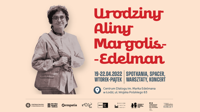 grafika; kobieta z torebką, obok napis URODZINY ALINY MARGOLIS-EDELMAN 