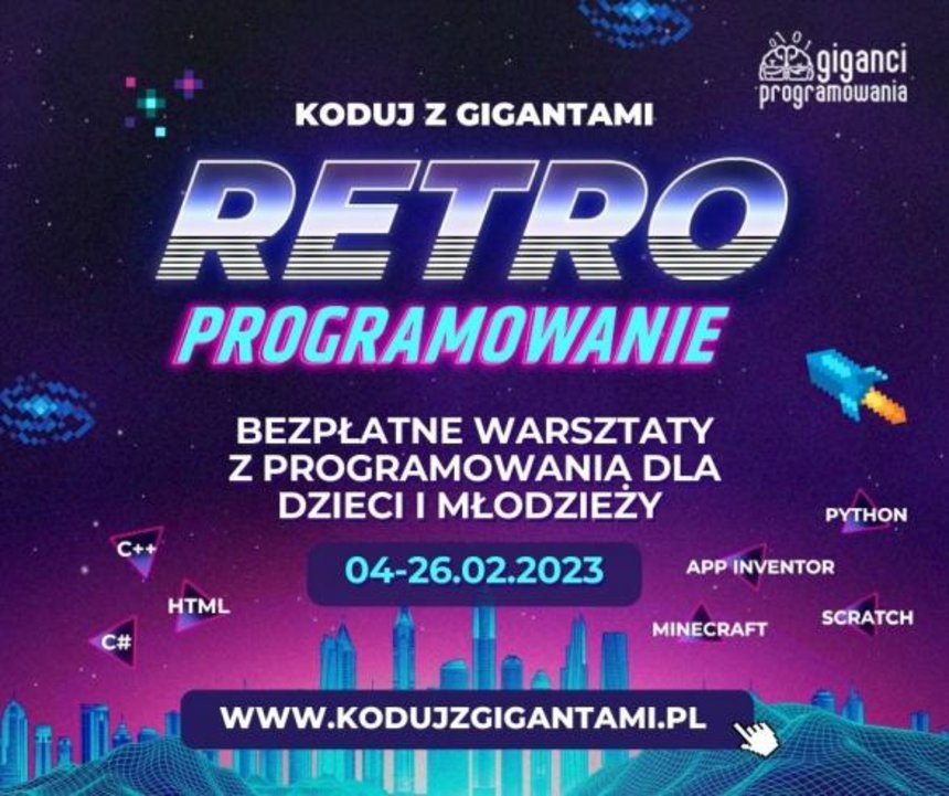Reklama: retroprogramowanie bezpłatne warsztaty z programowania dla dzieci i młodzieży. Grafika nawiązująca do gier video z lat 90.