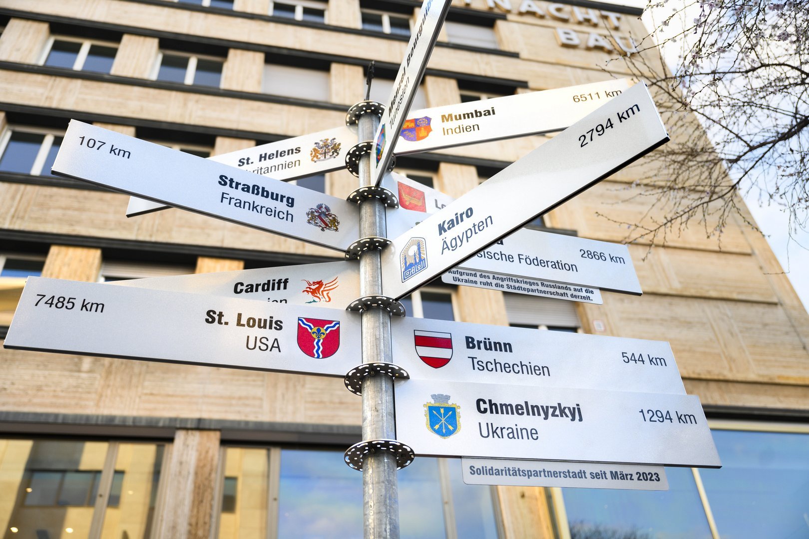 Drogowskaz wskazujący kierunki do poszczególnych miast partnerskich