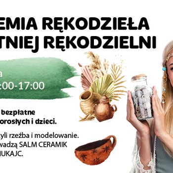 Akademia Rękodzieła Sobotniej Rękodzielni - 18 marca. Biały plakat reklamowy z blondynką otoczoną rekwizytami tematycznymi.