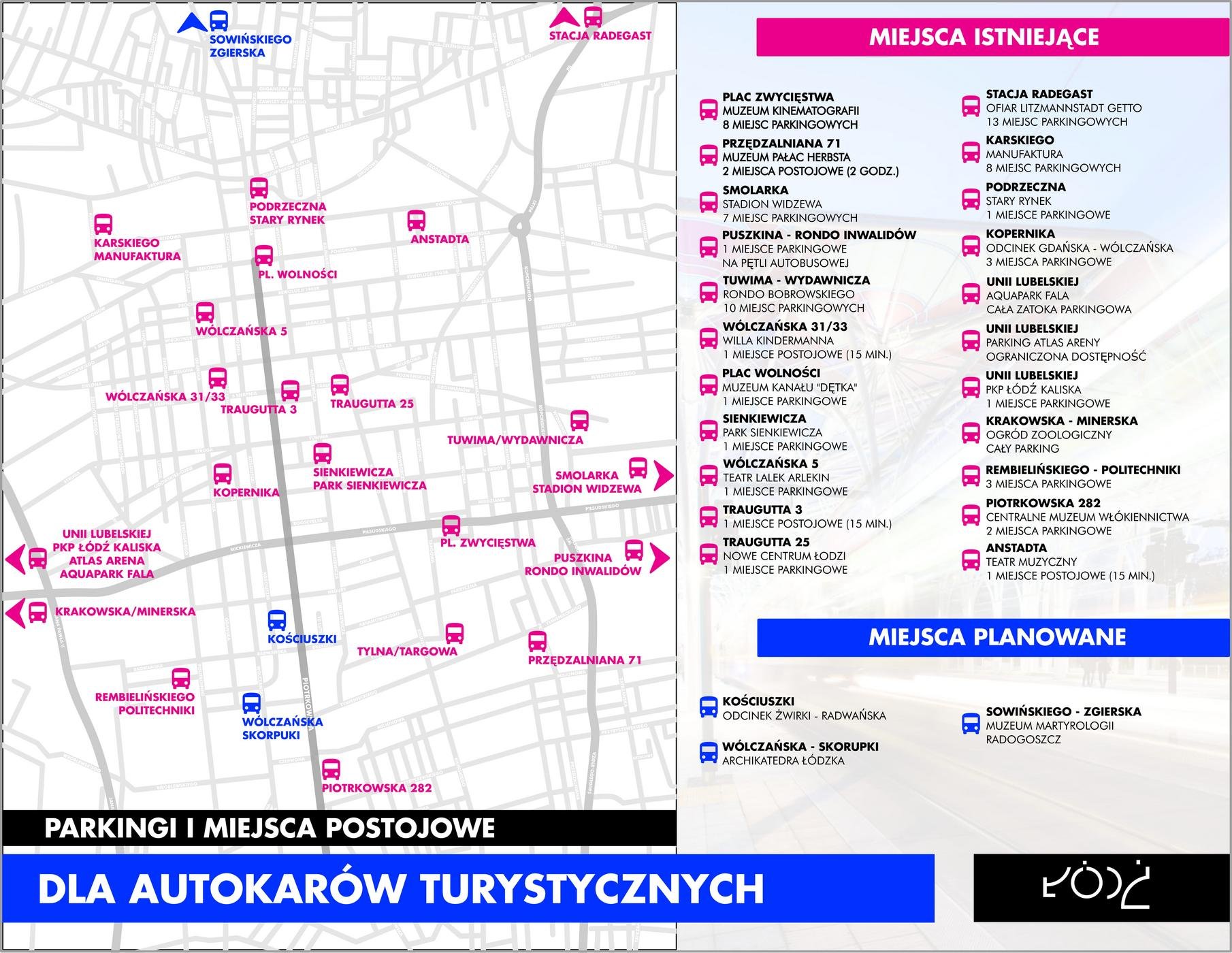 mapa miejsc postojowych dla autokarów turystycznych, grafika UMŁ