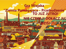 Kolorowy obrazek w kolorach żółty, pomarańczowy, brązowy, zielony o zabudowie kamienic i fabryk. Napis na tle kolorowego nieba Gra Miejska "Ziemia Pomagająca - Przebudzenie" To już jutro! Nie czekaj! Dołącz już dziś!