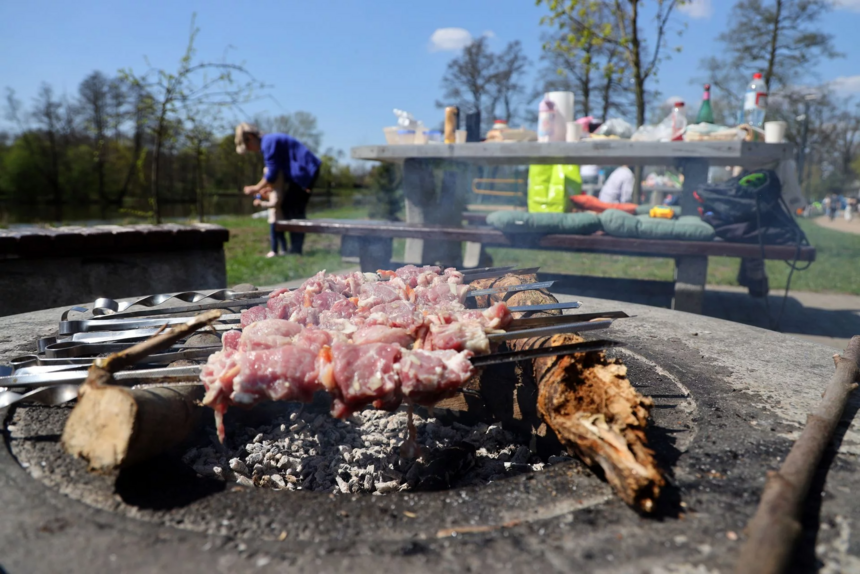 Na pierwszym planie widać mięsne szaszłyki na palenisku grillowym, na drugim planie widać stół bogato zastawiony jedzeniem i piciem na Stawach Stefańskiego