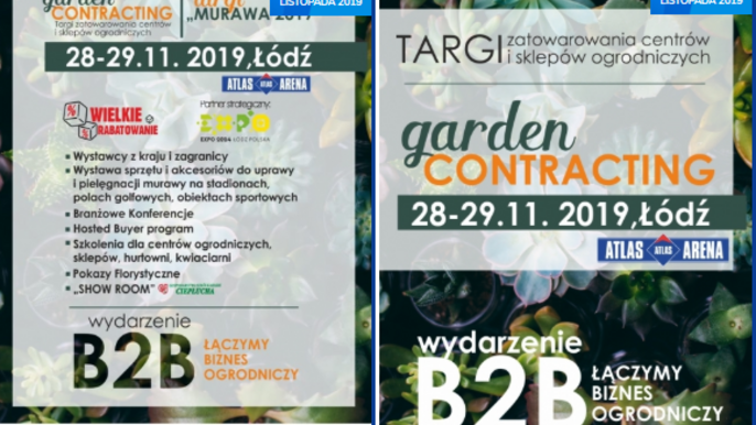 Grafika promująca wydarzenie: II Ogólnopolskie Targi Zatowarowania Centrów i Sklepów Ogrodniczych gardenCONTRACTING oraz Targi MURAWA 2019 w Atlas Arenie - fot. mat. Atlas Arena