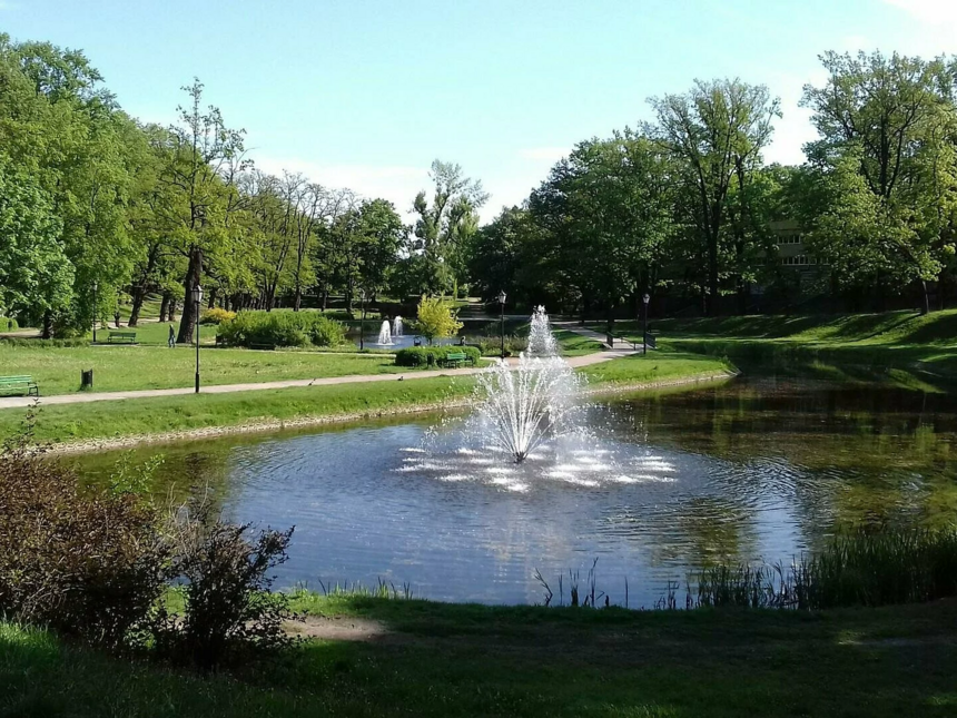 Tryskająca fontanna na środku stawu w Parku Helenów