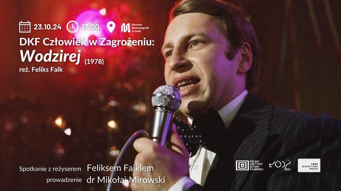  - Grafika z kadrem z filmu Wodzirej z Jerzym Stuhrem i informacjami o spotkaniu