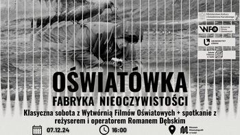 Oświatówka, spotkanie z Romanem Dębskim -  Kadr z filmu Włodzimierza Puchalskiego, mężczyzna z ptakiem na plecach. Grafika promująca wydarzenie towarzyszące wystawie