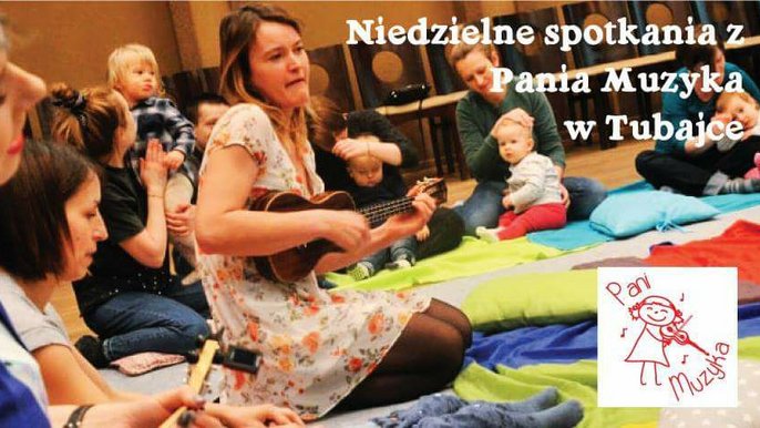 Grafika promująca wydarzenie: Spotkania z Panią Muzyką w Łodzi dla dzieci w Tubajce - kawiarni w parku - mat. pras. Spotkania z Panią Muzyką