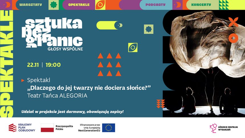 ztuka bez granic GŁOSY WSPÓLNE 22.11 | 19:00 Spektakl „Dlaczego do jej twarzy nie dociera słońce?” Teatr Tańca ALEGORIA Udział w projekcie jest darmowy, obowiązują zapisy!