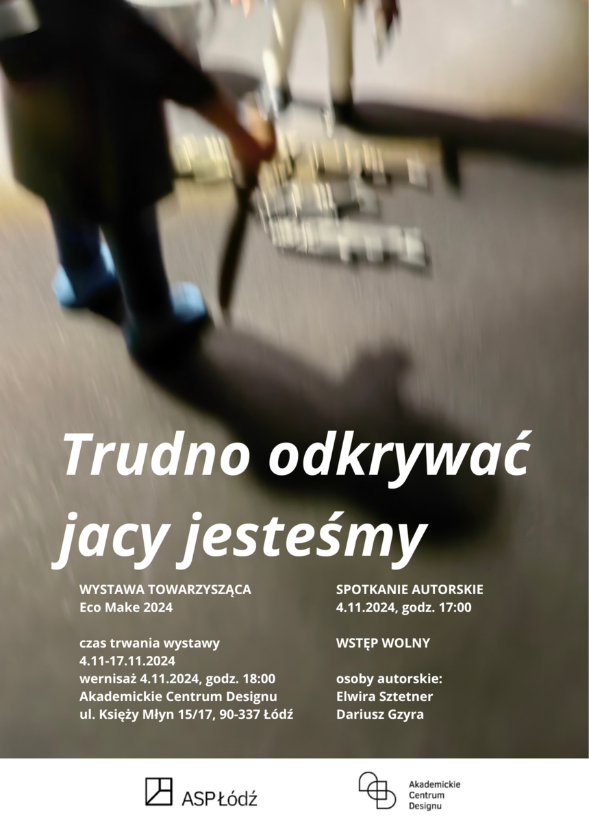 plakat stanowi trochę rozmazana fotografia przedstawiająca odwróconego tyłem ludzika-zabawkę trzymającego nóż; przed nim widać tylko przednie łapy chyba zabawki-konia