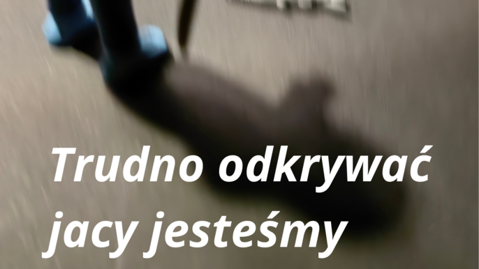  - plakat stanowi trochę rozmazana fotografia przedstawiająca odwróconego tyłem ludzika-zabawkę trzymającego nóż; przed nim widać tylko przednie łapy chyba zabawki-konia