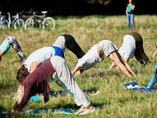 Ludzie podczas uprawiania jogi na trawniku w parku