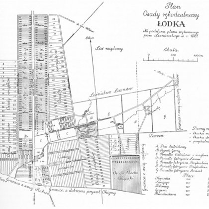 Plan Osady Łódki utworzonej w 1824 r. na południe od Nowego Miasta (oryginalny plan pochodzi z 1827) 