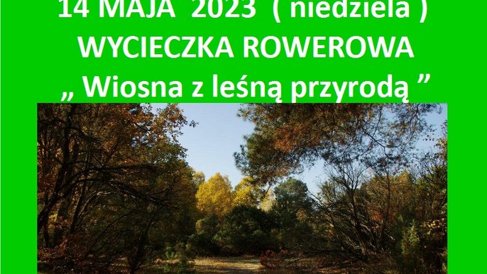 Plakat: zielone tło, białe napisy, zdjęcie leśnej ścieżki. - Plakat: zielone tło, białe napisy, zdjęcie leśnej ścieżki.