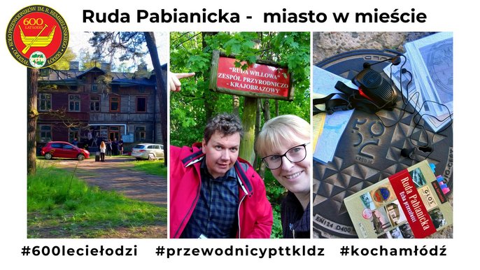 Kolaż zdjęć: przewodnicy, wille na Rudzie, książka-przewodnik po Rudzie , czerwono-żółte logo Koła Przewodników im. R. Rembielińskiego. - Kolaż zdjęć: przewodnicy, wille na Rudzie, książka-przewodnik po Rudzie , czerwono-żółte logo Koła Przewodników im. R. Rembielińskiego.