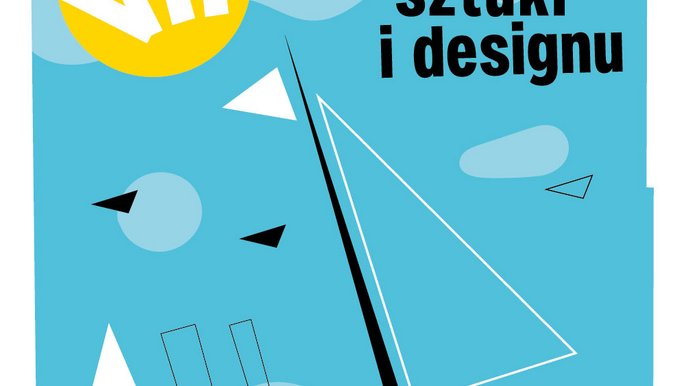  - plakat z lazurowym tłem; znajdują się na nim abstrakcyjne kontury żaglówki oraz czarne i białe napisy informacyjne