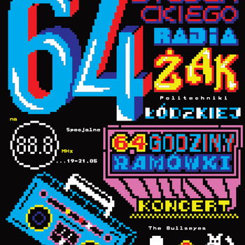 Plakat reklamowy utrzymany w stylistyce gier video z lat 90.