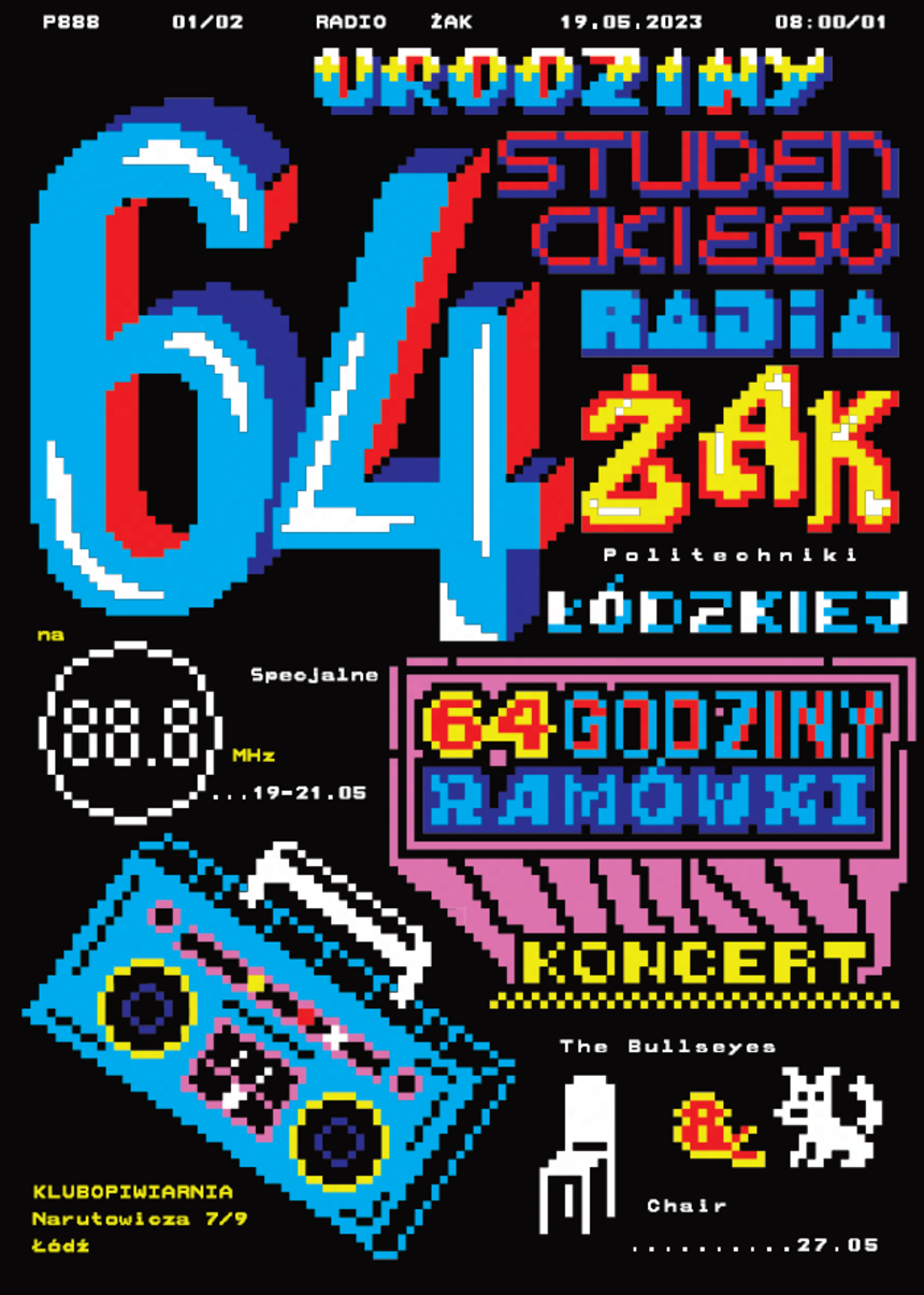 Plakat reklamowy utrzymany w stylistyce gier video z lat 90.