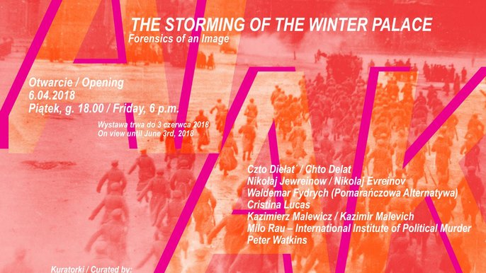 Grafika promująca wydarzenie: „Atak na Pałac Zimowy”. Dochodzenie w sprawie pewnego obrazu - wystawa fotografii w ms1 - fot. mat. pras. Muzeum Sztuki w Łodzi