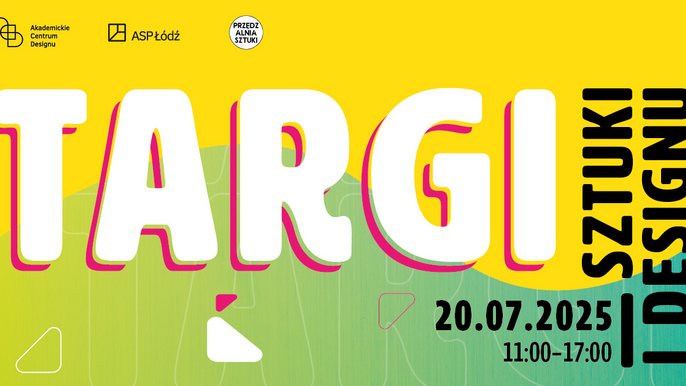  - w środku zielony kolor z gradacją. na górze i dole: ciemny żółty. są też drobne różowe i białe elementy graficzne. jest też duży odwrócony o 90 stopni napis informacyjny "targi"