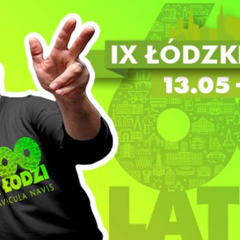 IX Łódzkie Senioralia - trzech uśmiechniętych seniorów na tle żółto-zielonym nawiązującym do 600. urodzin Łodzi.