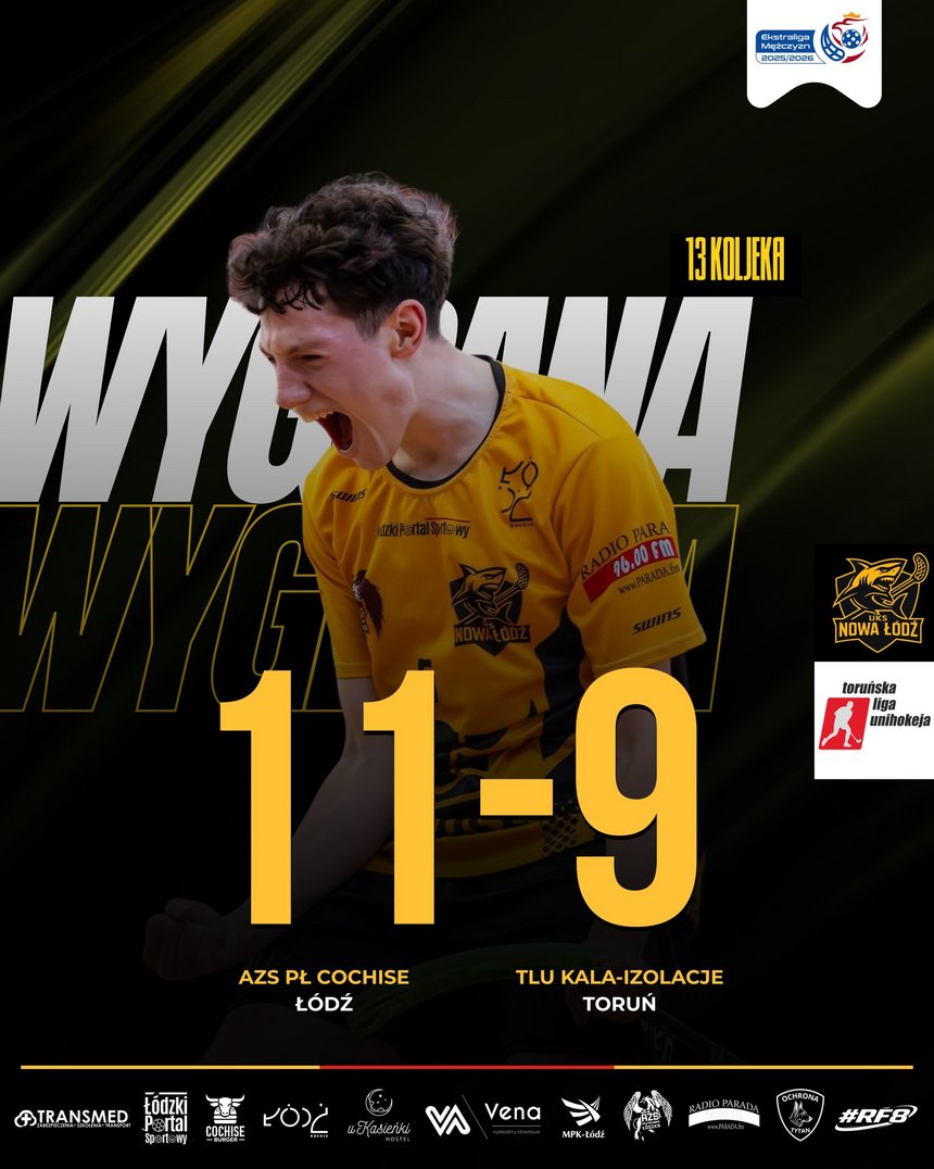 Plakat pomeczowy z wynikiem i sylwetką jednego z zawodników AZS PŁ Cochise Łódź